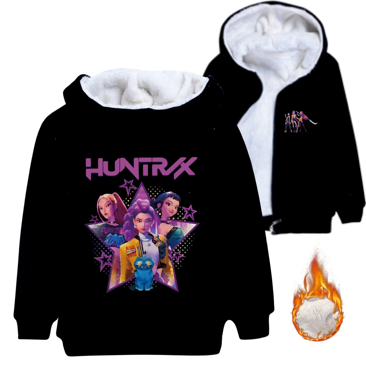 Kpop Demon Hunter Sherpa Lined Hoodie Fleece Sweatshirt Full Zip Hooded Jacket for Kids