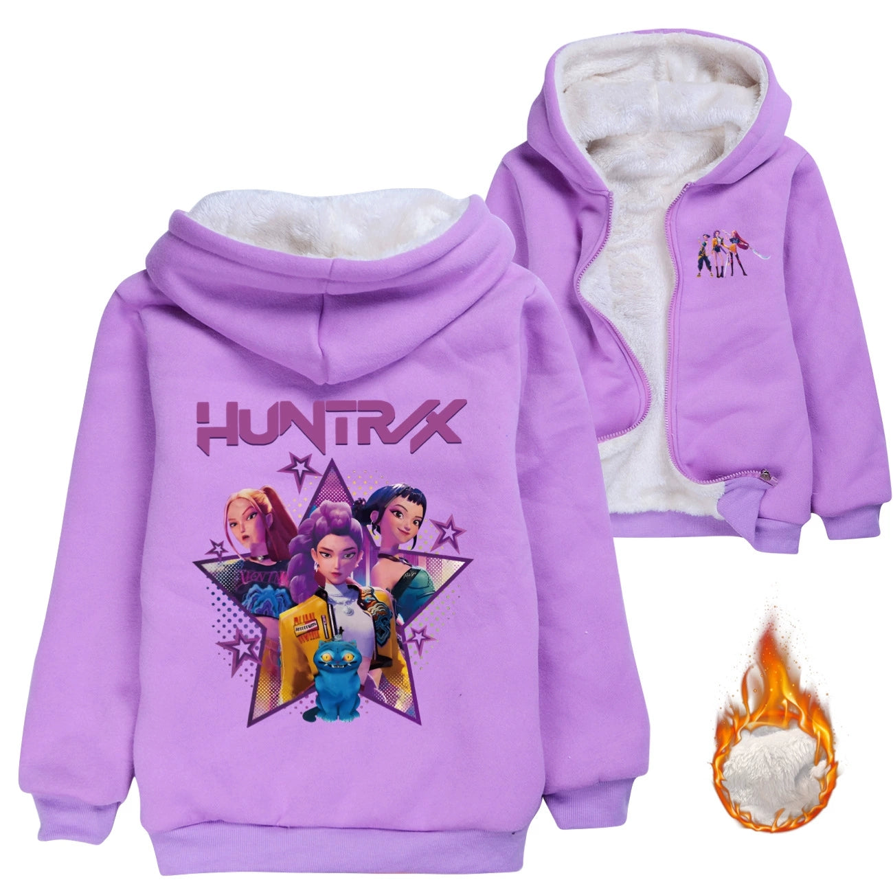 Kpop Demon Hunter Sherpa Lined Hoodie Fleece Sweatshirt Full Zip Hooded Jacket for Kids