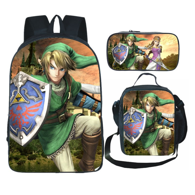 Legends of Zelda Full Printed Backpack Schoolbag Travel Notebook Bag Lunch Bag Pencil Bag for Kids Students 3PCS