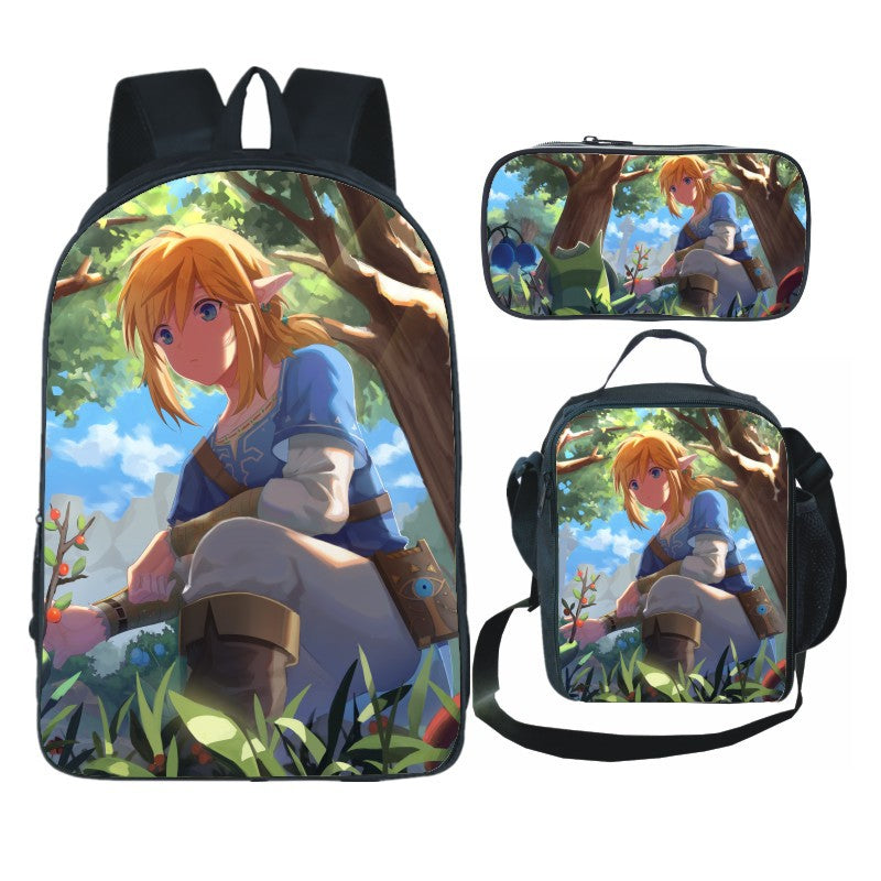 Legends of Zelda Full Printed Backpack Schoolbag Travel Notebook Bag Lunch Bag Pencil Bag for Kids Students 3PCS