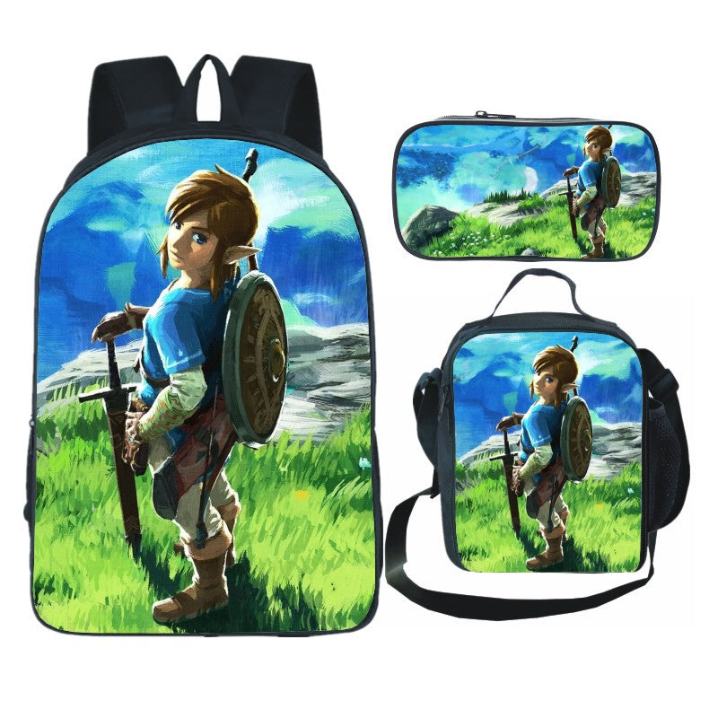 Legends of Zelda Full Printed Backpack Schoolbag Travel Notebook Bag Lunch Bag Pencil Bag for Kids Students 3PCS