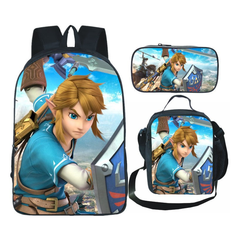 Legends of Zelda Full Printed Backpack Schoolbag Travel Notebook Bag Lunch Bag Pencil Bag for Kids Students 3PCS