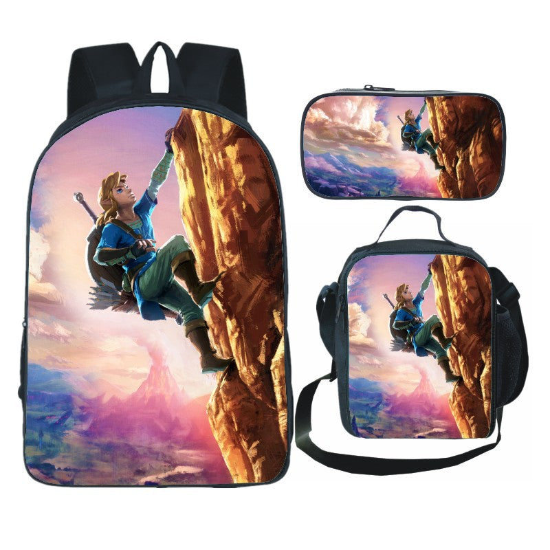 Legends of Zelda Full Printed Backpack Schoolbag Travel Notebook Bag Lunch Bag Pencil Bag for Kids Students 3PCS