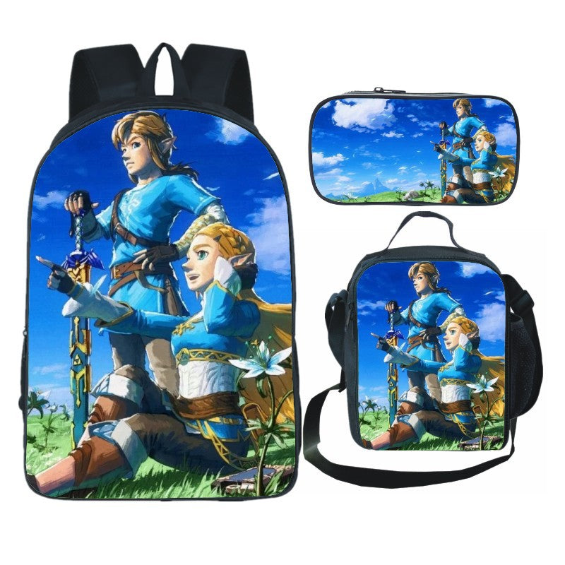 Legends of Zelda Full Printed Backpack Schoolbag Travel Notebook Bag Lunch Bag Pencil Bag for Kids Students 3PCS