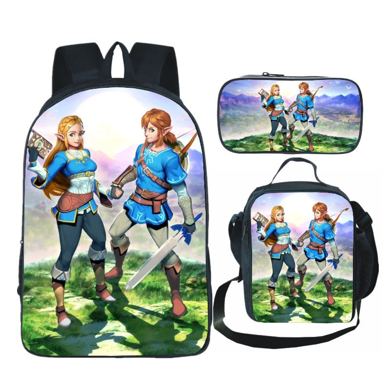 Legends of Zelda Full Printed Backpack Schoolbag Travel Notebook Bag Lunch Bag Pencil Bag for Kids Students 3PCS