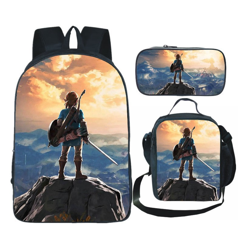 Legends of Zelda Full Printed Backpack Schoolbag Travel Notebook Bag Lunch Bag Pencil Bag for Kids Students 3PCS