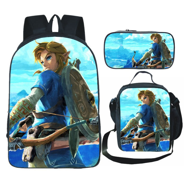 Legends of Zelda Full Printed Backpack Schoolbag Travel Notebook Bag Lunch Bag Pencil Bag for Kids Students 3PCS