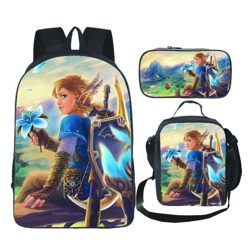 Legends of Zelda Full Printed Backpack Schoolbag Travel Notebook Bag Lunch Bag Pencil Bag for Kids Students 3PCS