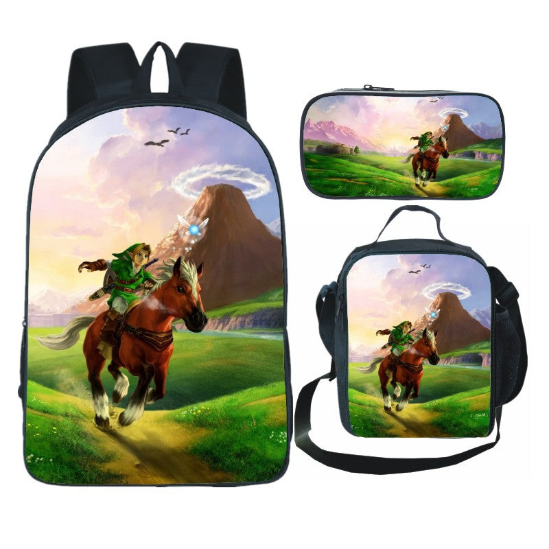 Legends of Zelda Full Printed Backpack Schoolbag Travel Notebook Bag Lunch Bag Pencil Bag for Kids Students 3PCS