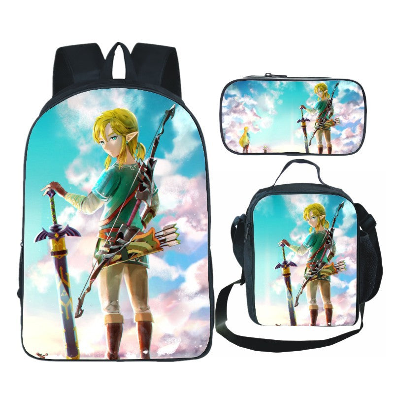 Legends of Zelda Full Printed Backpack Schoolbag Travel Notebook Bag Lunch Bag Pencil Bag for Kids Students 3PCS