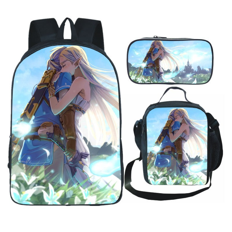 Legends of Zelda Full Printed Backpack Schoolbag Travel Notebook Bag Lunch Bag Pencil Bag for Kids Students 3PCS