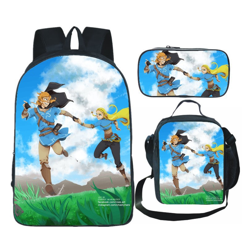 Legends of Zelda Full Printed Backpack Schoolbag Travel Notebook Bag Lunch Bag Pencil Bag for Kids Students 3PCS