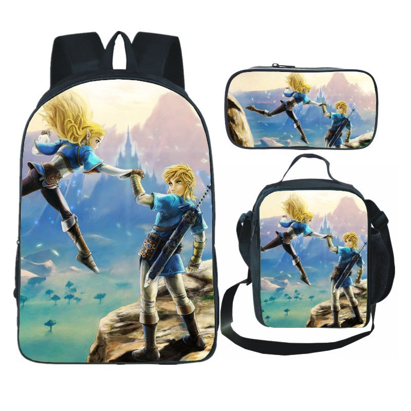 Legends of Zelda Full Printed Backpack Schoolbag Travel Notebook Bag Lunch Bag Pencil Bag for Kids Students 3PCS