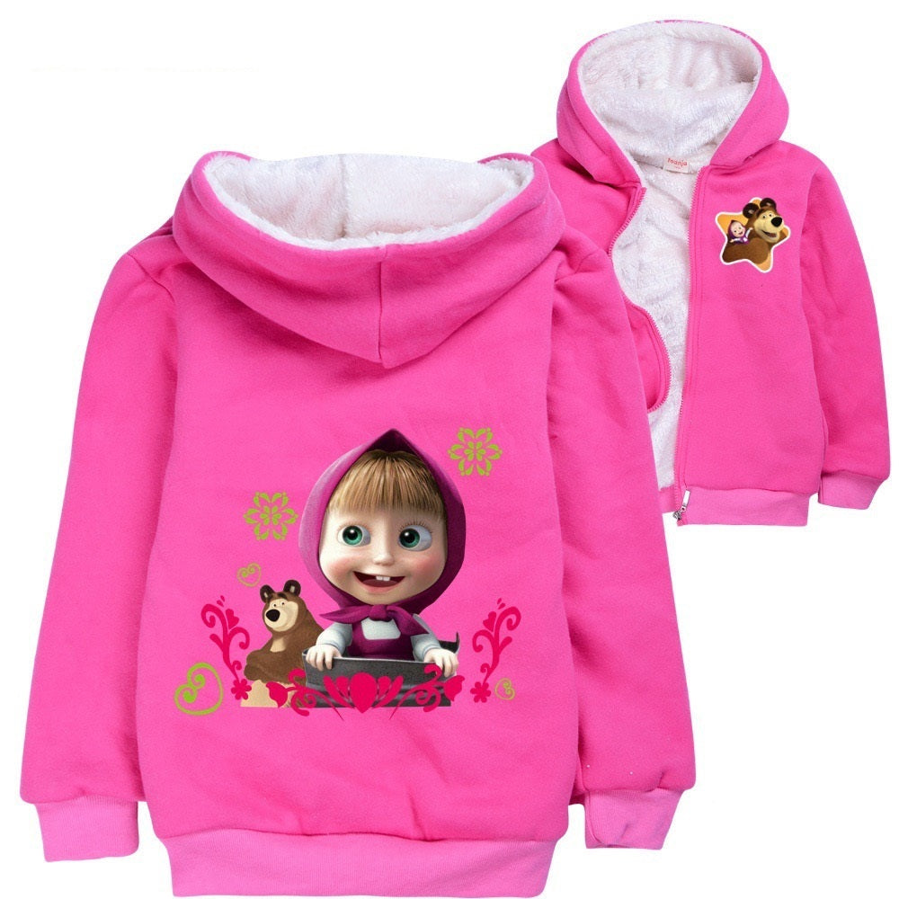 Masha and The Bear Sherpa Lined Hoodie Fleece Sweatshirt Full Zip Hooded Jacket for Kids