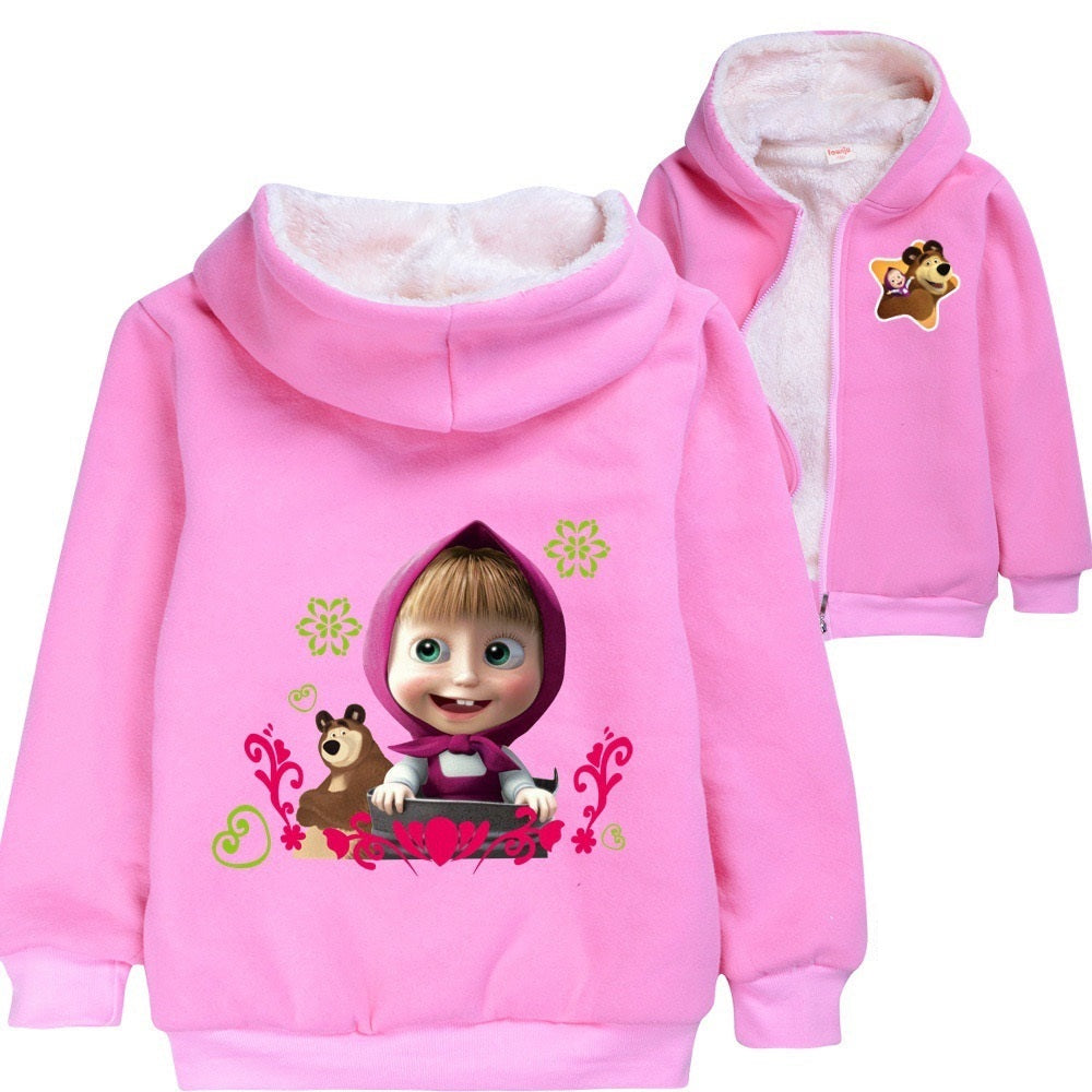 Masha and The Bear Sherpa Lined Hoodie Fleece Sweatshirt Full Zip Hooded Jacket for Kids