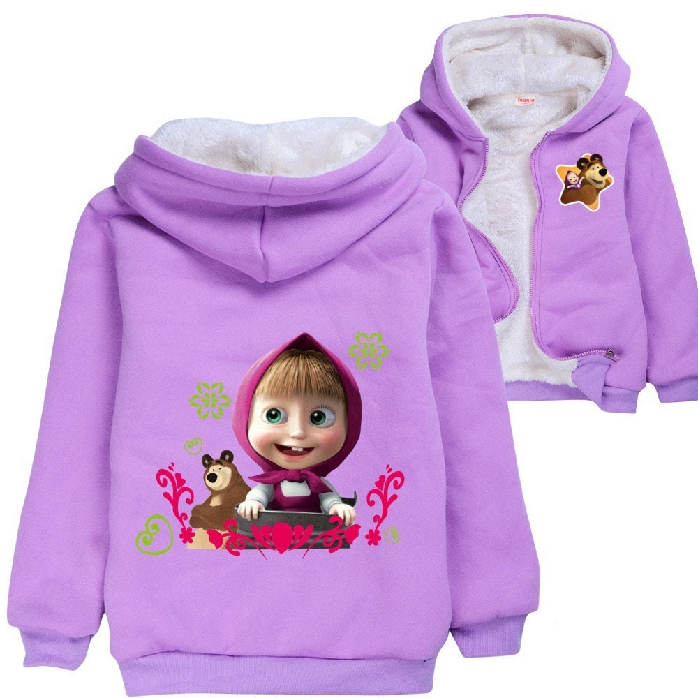 Masha and The Bear Sherpa Lined Hoodie Fleece Sweatshirt Full Zip Hooded Jacket for Kids