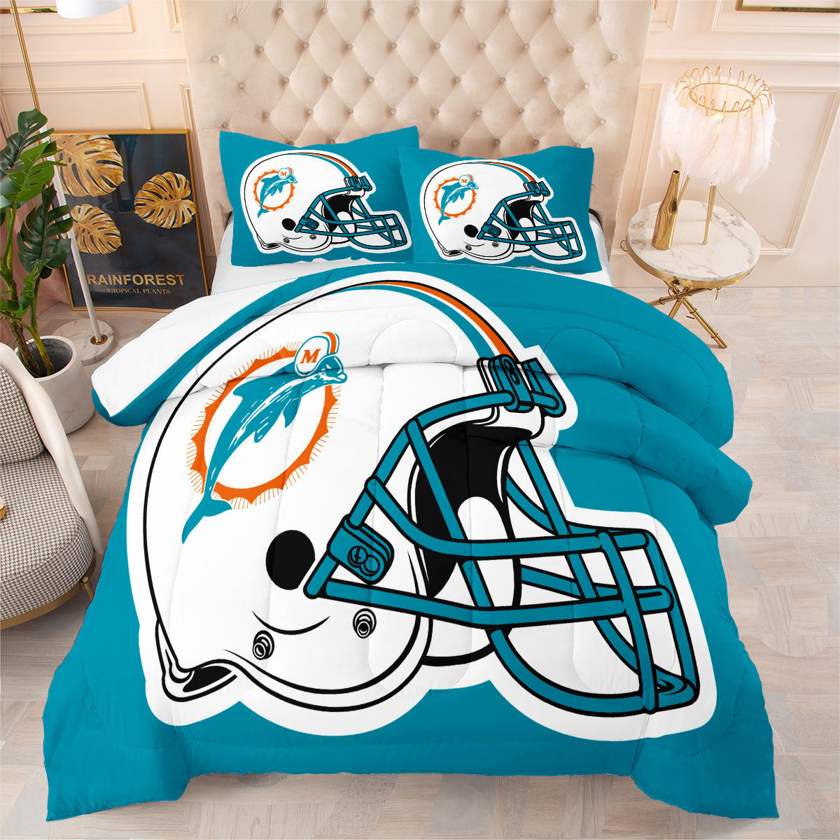 Miami Rugby Dolphins Comforter Pillowcases 3PC Sets Blanket All Season Reversible Quilted Duvet