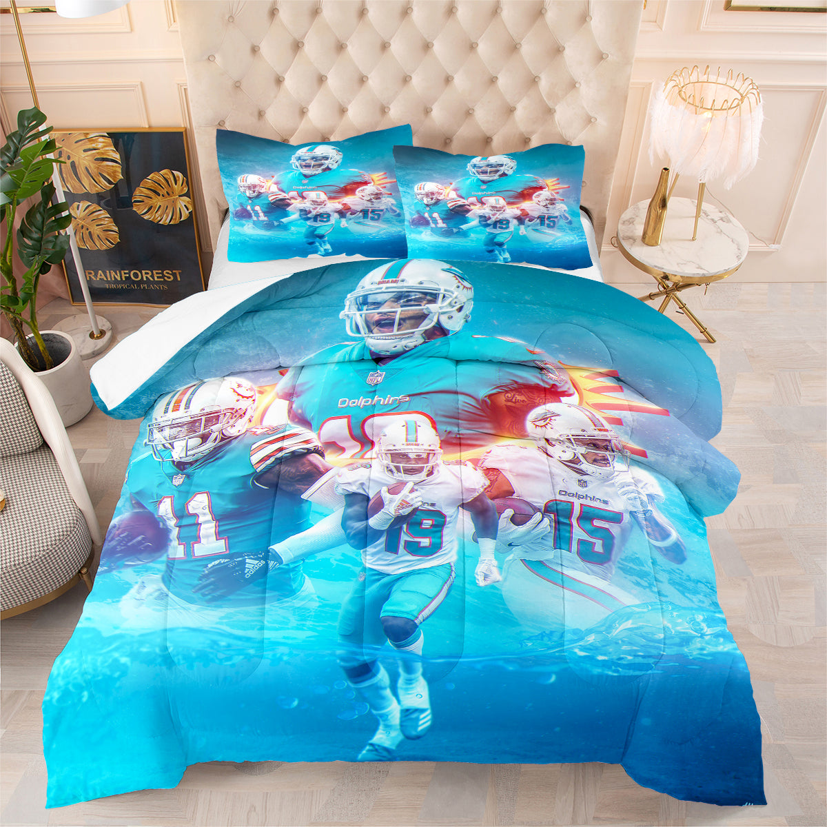 Miami Rugby Dolphins Comforter Pillowcases 3PC Sets Blanket All Season Reversible Quilted Duvet