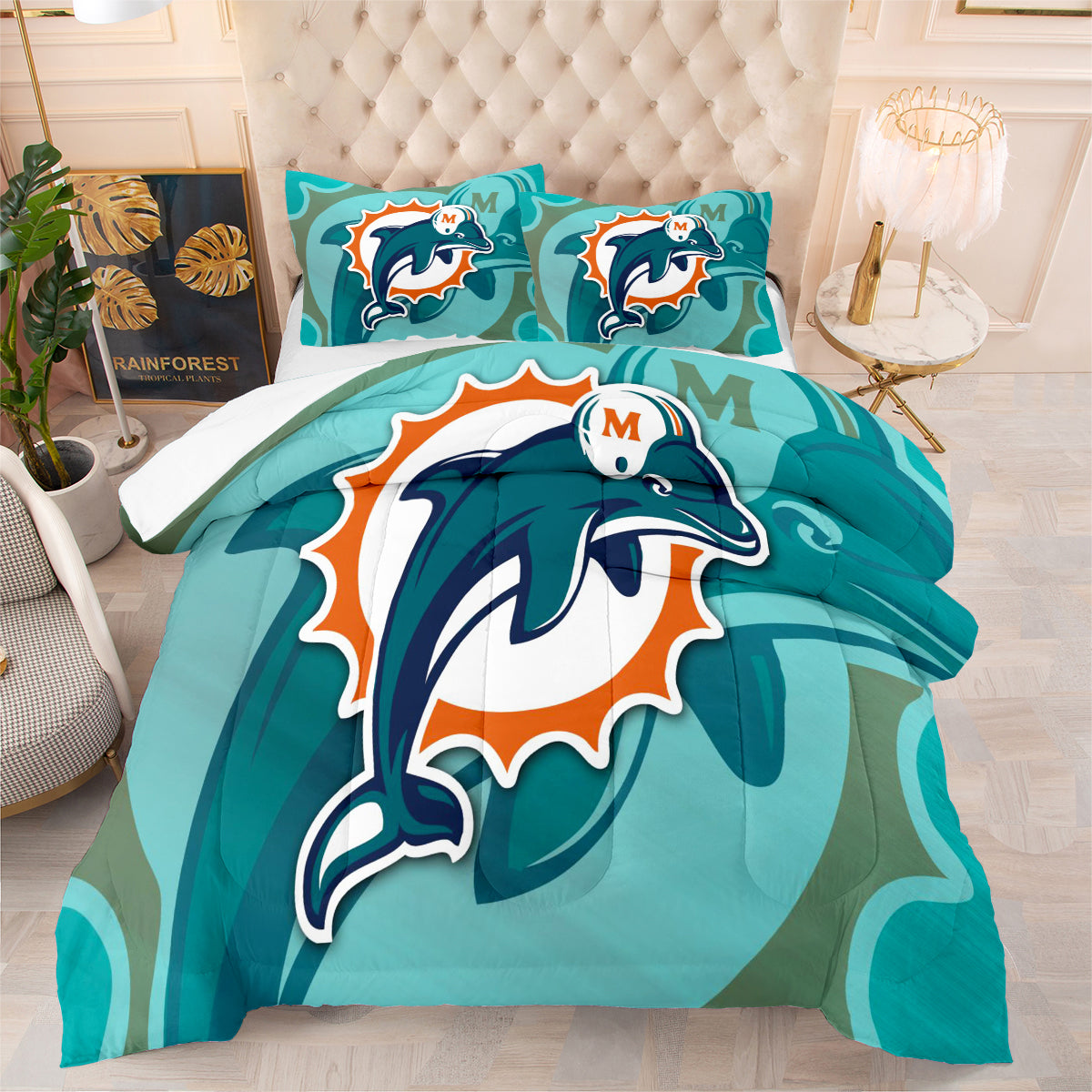 Miami Rugby Dolphins Comforter Pillowcases 3PC Sets Blanket All Season Reversible Quilted Duvet