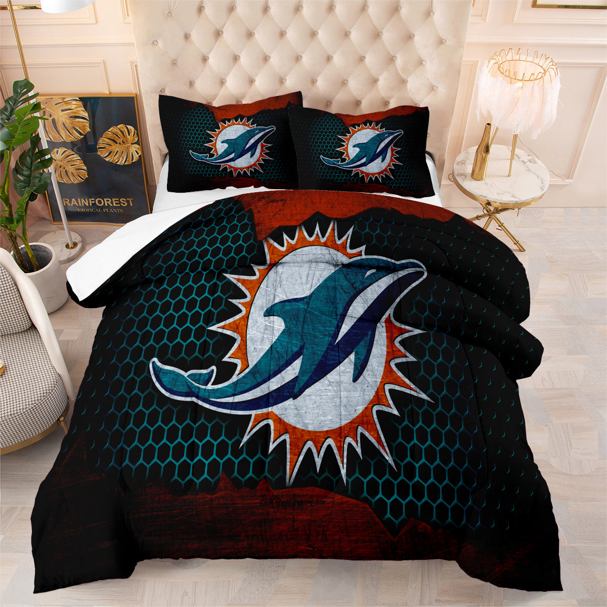 Miami Rugby Dolphins Comforter Pillowcases 3PC Sets Blanket All Season Reversible Quilted Duvet