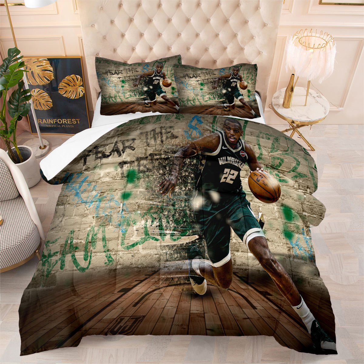 Milwaukee Basketball Bucks Comforter Pillowcases 3PC Sets Blanket All Season Reversible Quilted Duvet