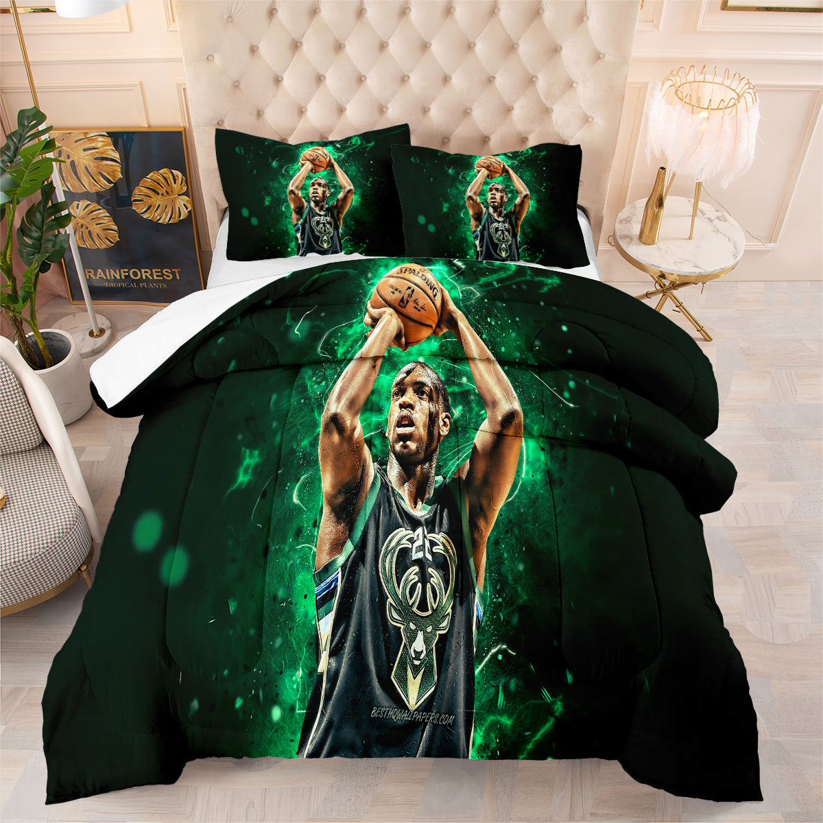 Milwaukee Basketball Bucks Comforter Pillowcases 3PC Sets Blanket All Season Reversible Quilted Duvet