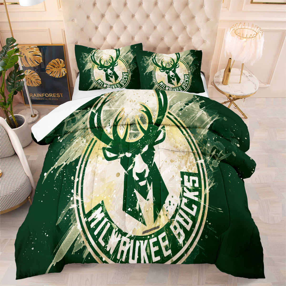 Milwaukee Basketball Bucks Comforter Pillowcases 3PC Sets Blanket All Season Reversible Quilted Duvet