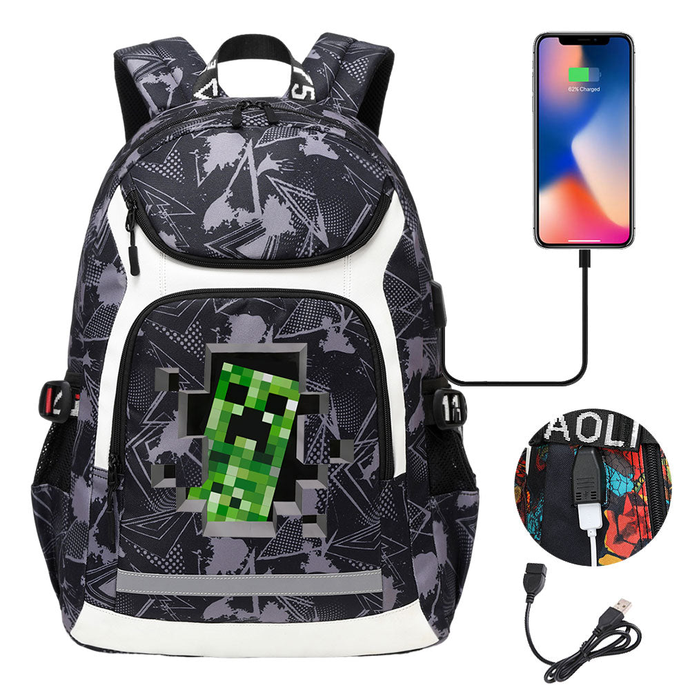 Minecraft Creeper USB Charging Backpack School Notebook Travel Bags