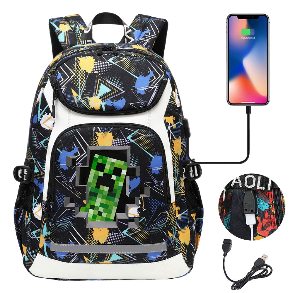 Minecraft Creeper USB Charging Backpack School Notebook Travel Bags