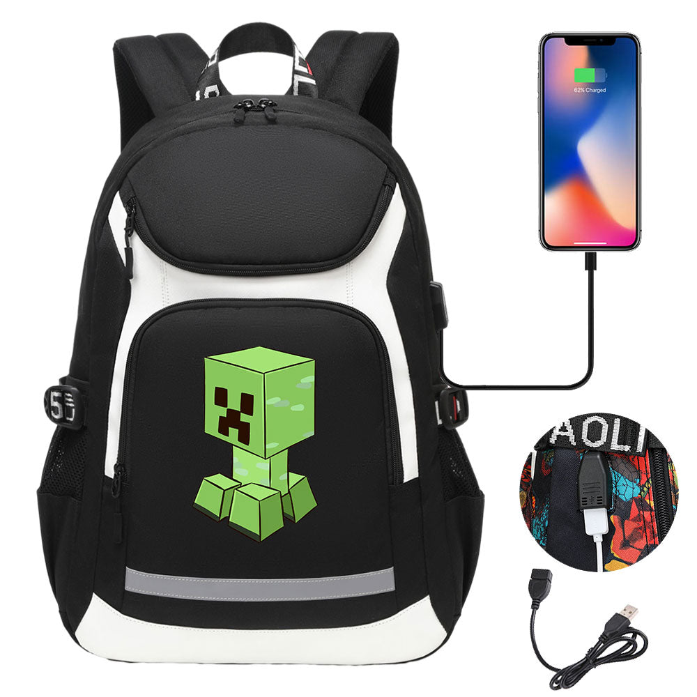 Minecraft Creeper USB Charging Backpack School Notebook Travel Bags