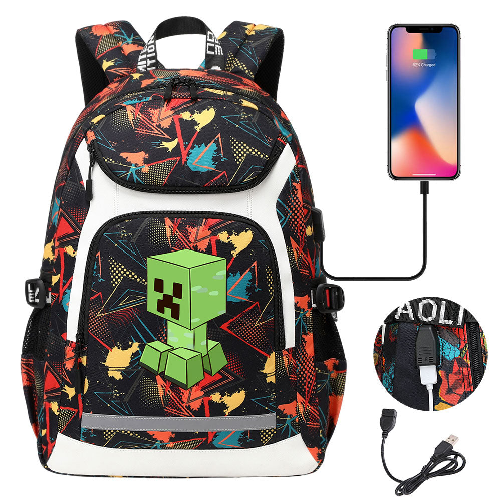 Minecraft Creeper USB Charging Backpack School Notebook Travel Bags