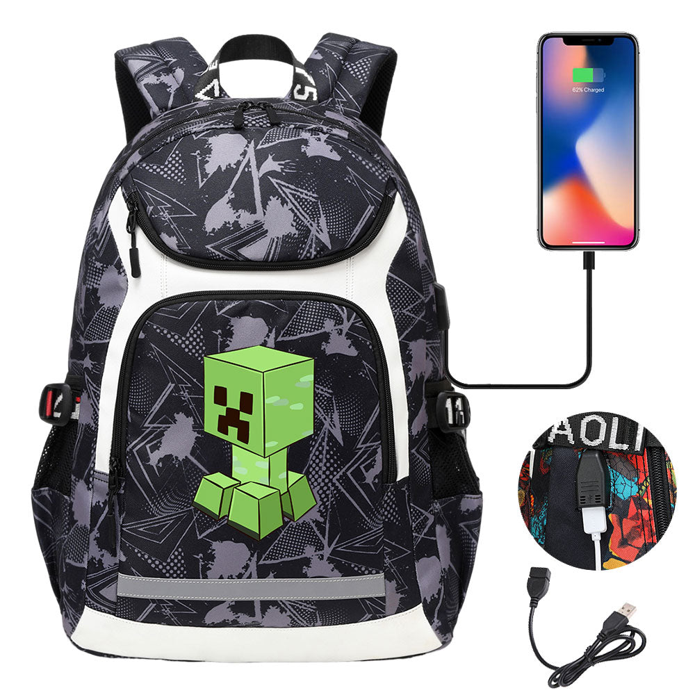 Minecraft Creeper USB Charging Backpack School Notebook Travel Bags