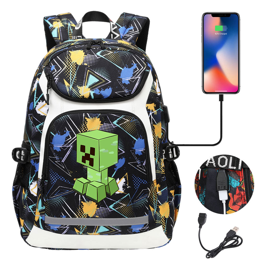 Minecraft Creeper USB Charging Backpack School Notebook Travel Bags