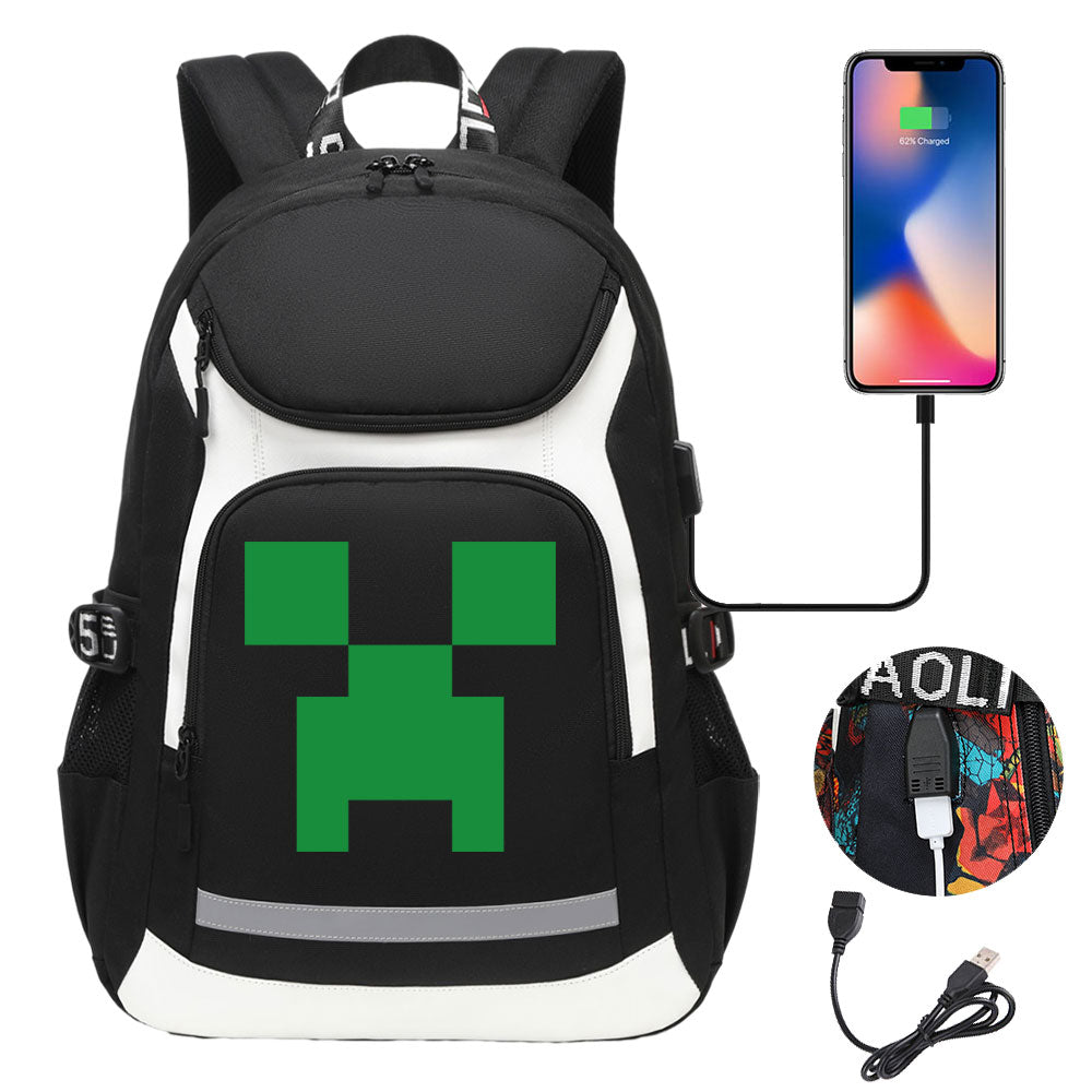 Minecraft Creeper USB Charging Backpack School Notebook Travel Bags