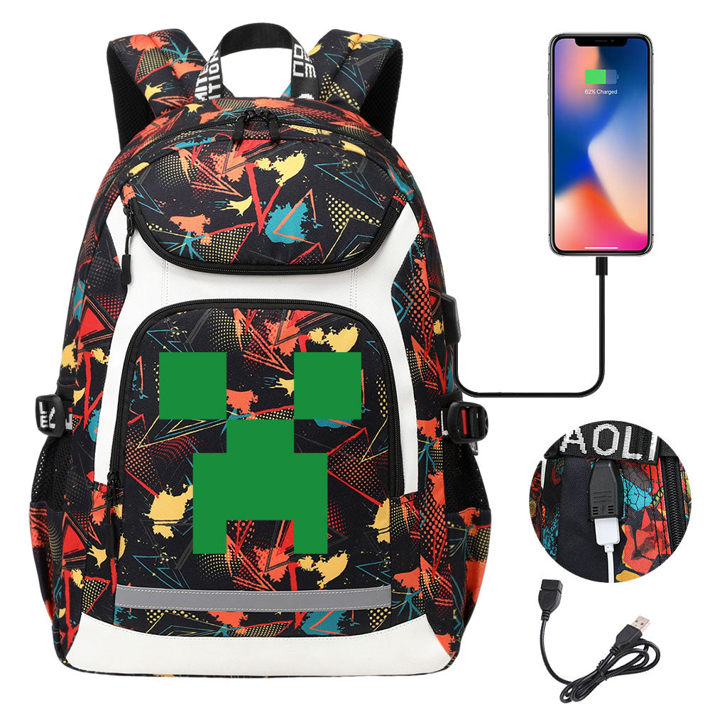 Minecraft Creeper USB Charging Backpack School Notebook Travel Bags
