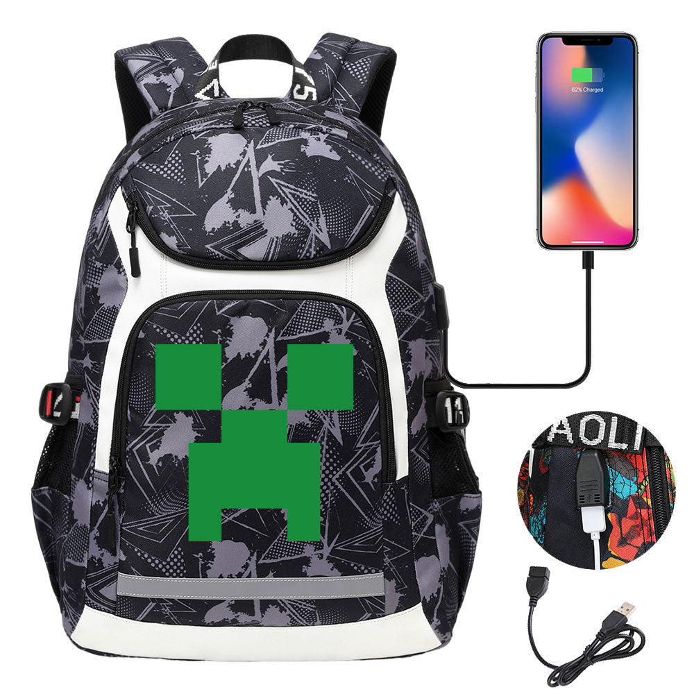Minecraft Creeper USB Charging Backpack School Notebook Travel Bags