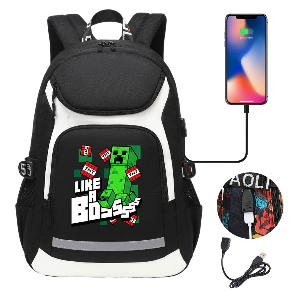 Minecraft Creeper USB Charging Backpack School Notebook Travel Bags