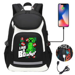 Minecraft Creeper USB Charging Backpack School Notebook Travel Bags
