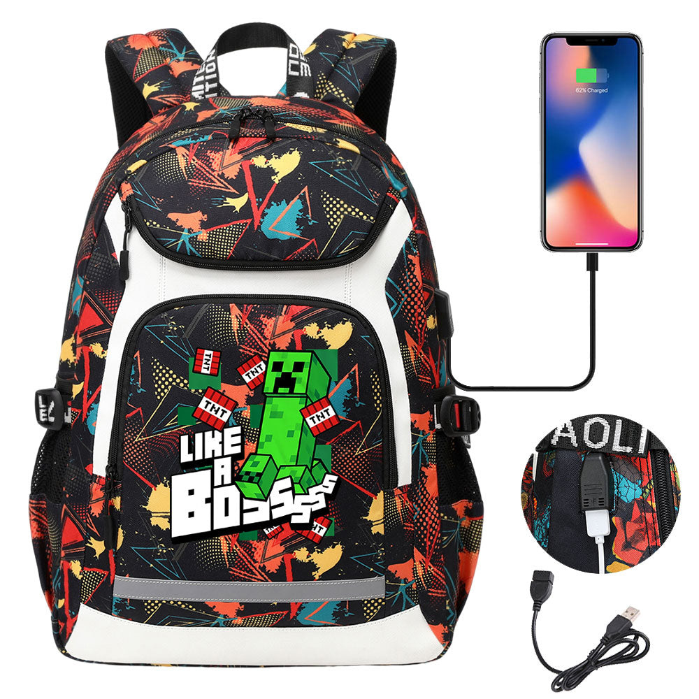 Minecraft Creeper USB Charging Backpack School Notebook Travel Bags
