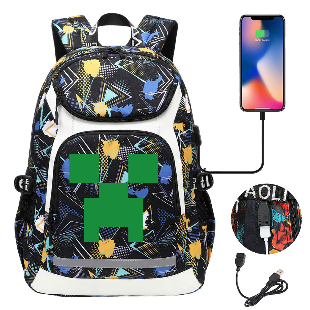 Minecraft Creeper USB Charging Backpack School Notebook Travel Bags