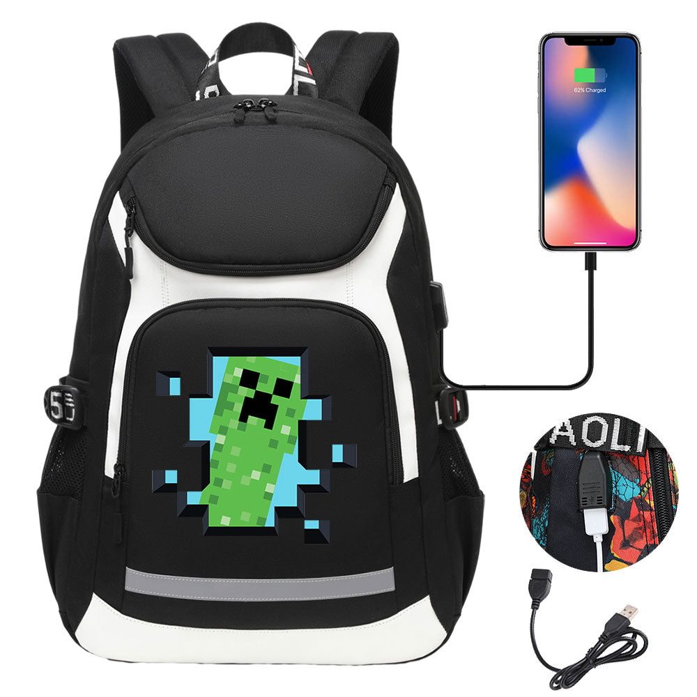 Minecraft Creeper USB Charging Backpack School Notebook Travel Bags