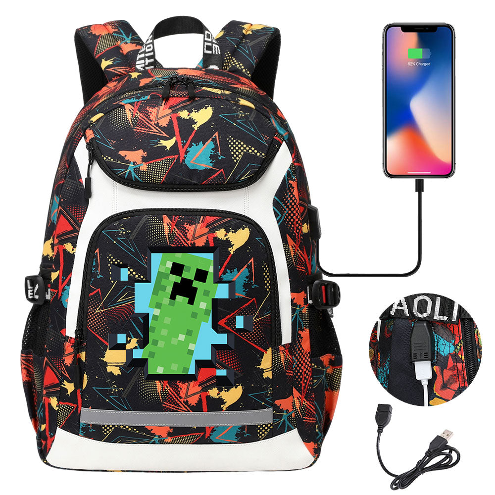 Minecraft Creeper USB Charging Backpack School Notebook Travel Bags