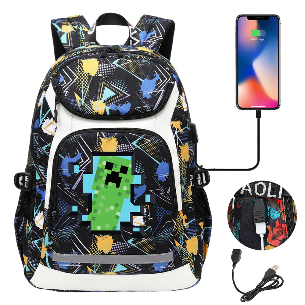 Minecraft Creeper USB Charging Backpack School Notebook Travel Bags