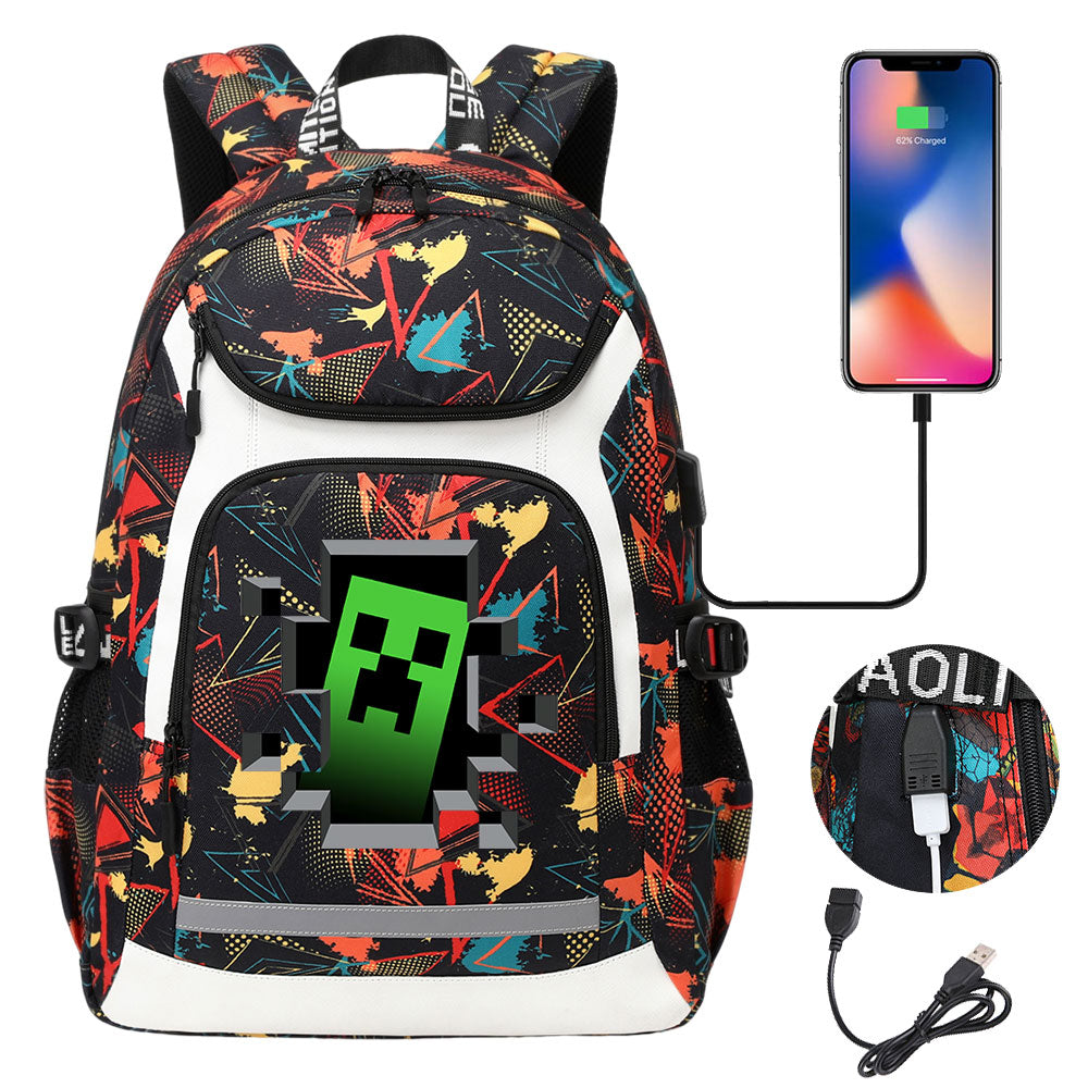 Minecraft Creeper USB Charging Backpack School Notebook Travel Bags
