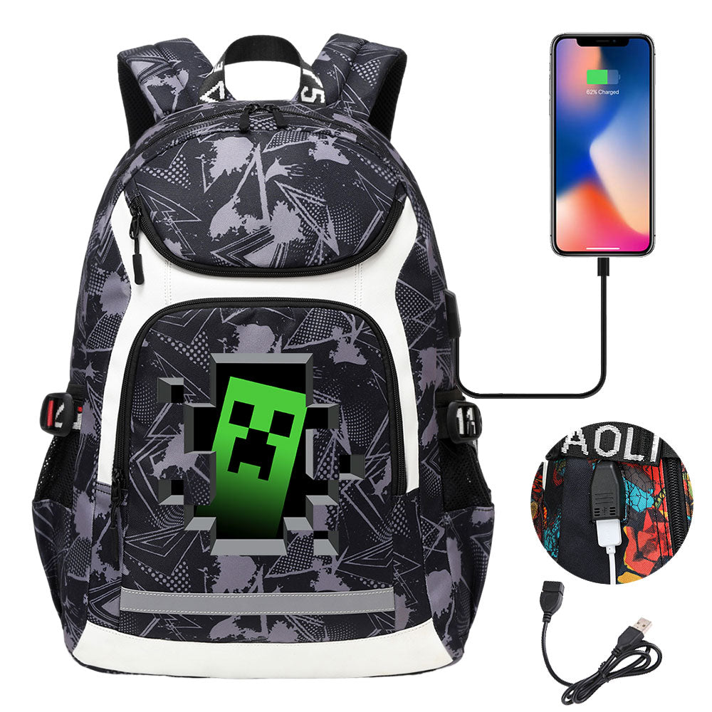 Minecraft Creeper USB Charging Backpack School Notebook Travel Bags