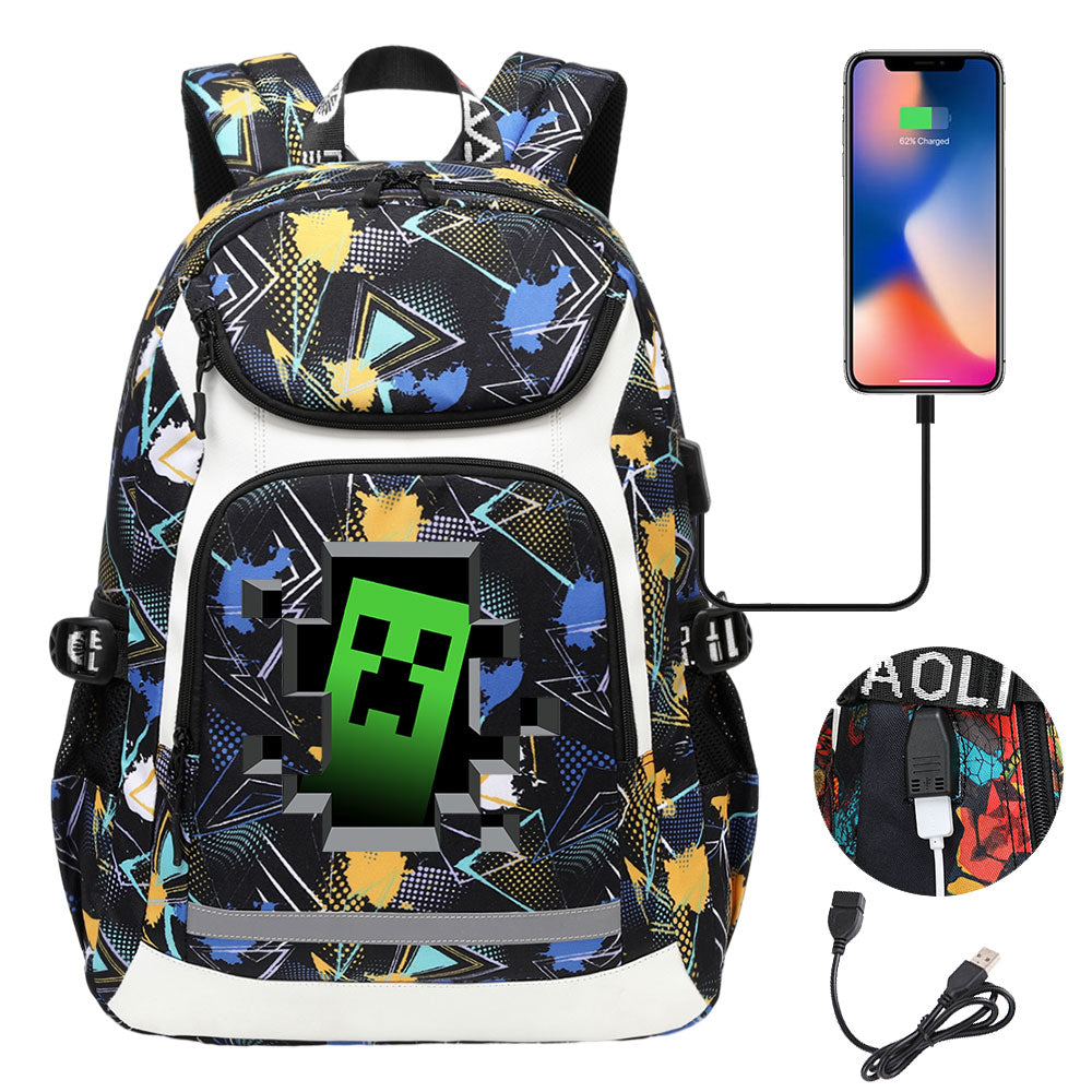 Minecraft Creeper USB Charging Backpack School Notebook Travel Bags