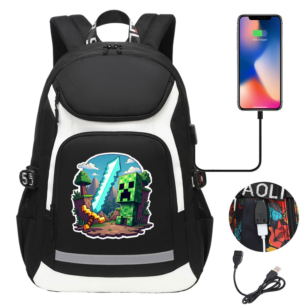 Minecraft Creeper USB Charging Backpack School Notebook Travel Bags