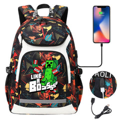 Minecraft Creeper USB Charging Backpack School Notebook Travel Bags