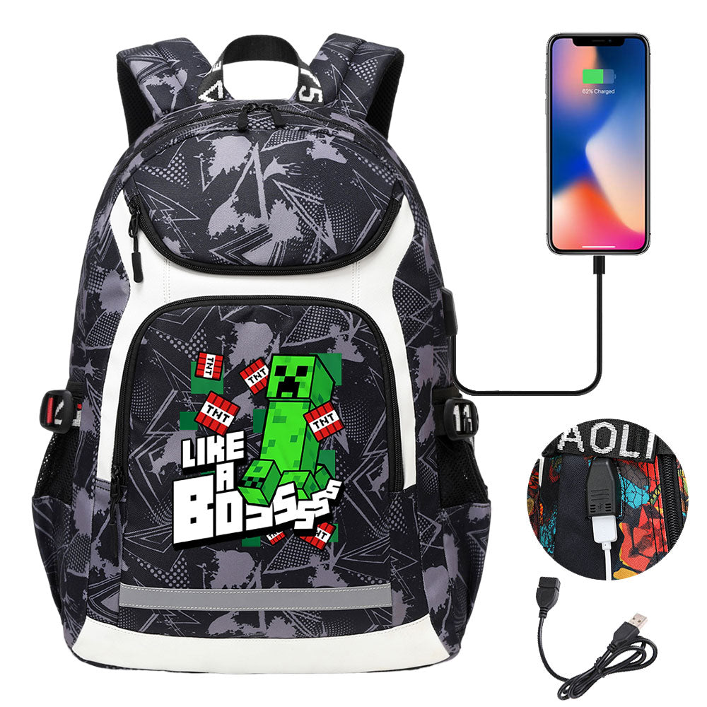 Minecraft Creeper USB Charging Backpack School Notebook Travel Bags