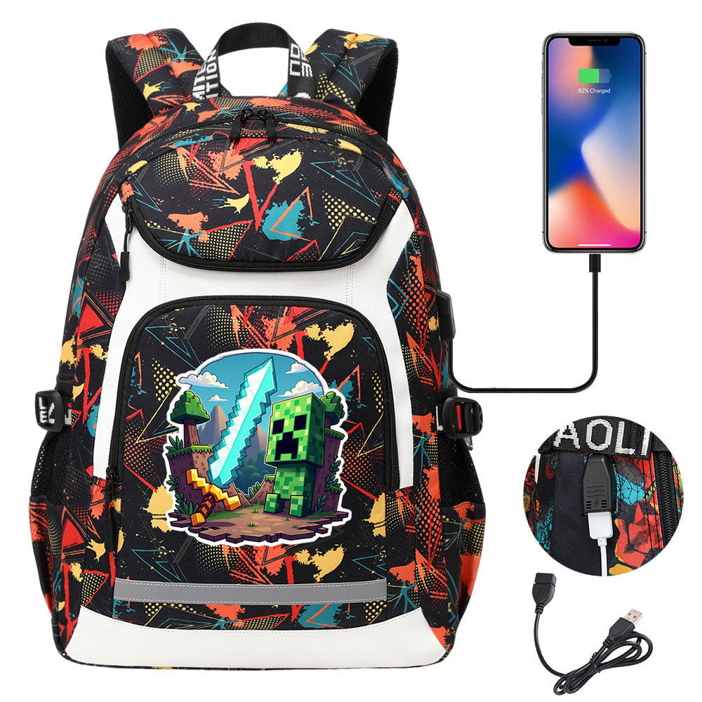 Minecraft Creeper USB Charging Backpack School Notebook Travel Bags